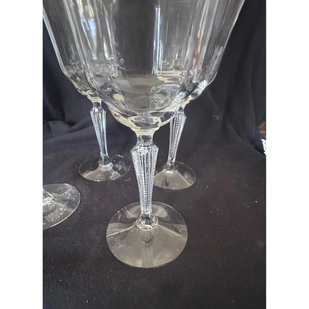 Set of 4 Vintage Crystal Wine Goblets Paneled Bowl Beaded Textured Stem 9in